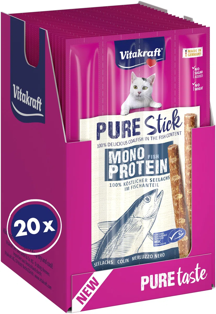 Vitakraft Pure Stick, snack gatto, bastoncino con carne, snack con salmone, bastoncini singoli, anche per gatti sensibili dal punto di vista alimentare, confezione scorta (20x 20g)