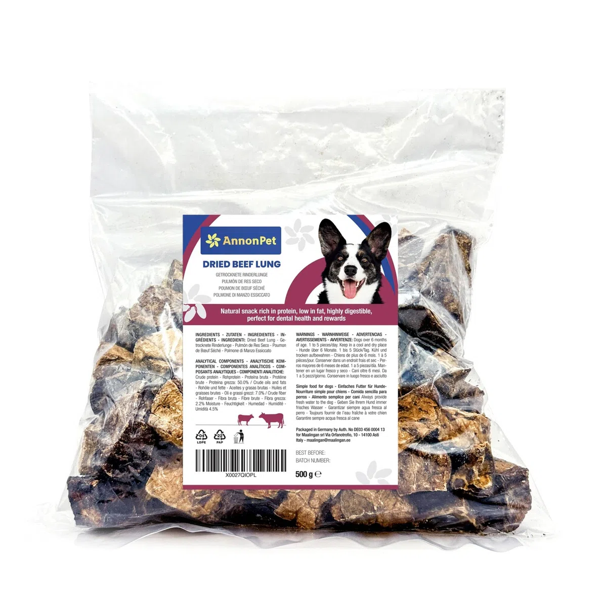 Polmone Essiccato per Cani 500g - Snack Naturale al 100%, Ricco di Proteine, Senza Additivi Ideale per Diete BARF, Premietti Bocconcini e Spuntini Sani Carne Secca di Manzo di Alta Qualità