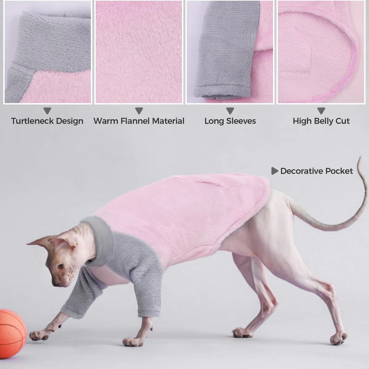 Maglione a collo alto, giacca in pile, gilet per gatti, caldo, abbigliamento per gatti senza peli, pullover, giacca di flanella, rosa, L