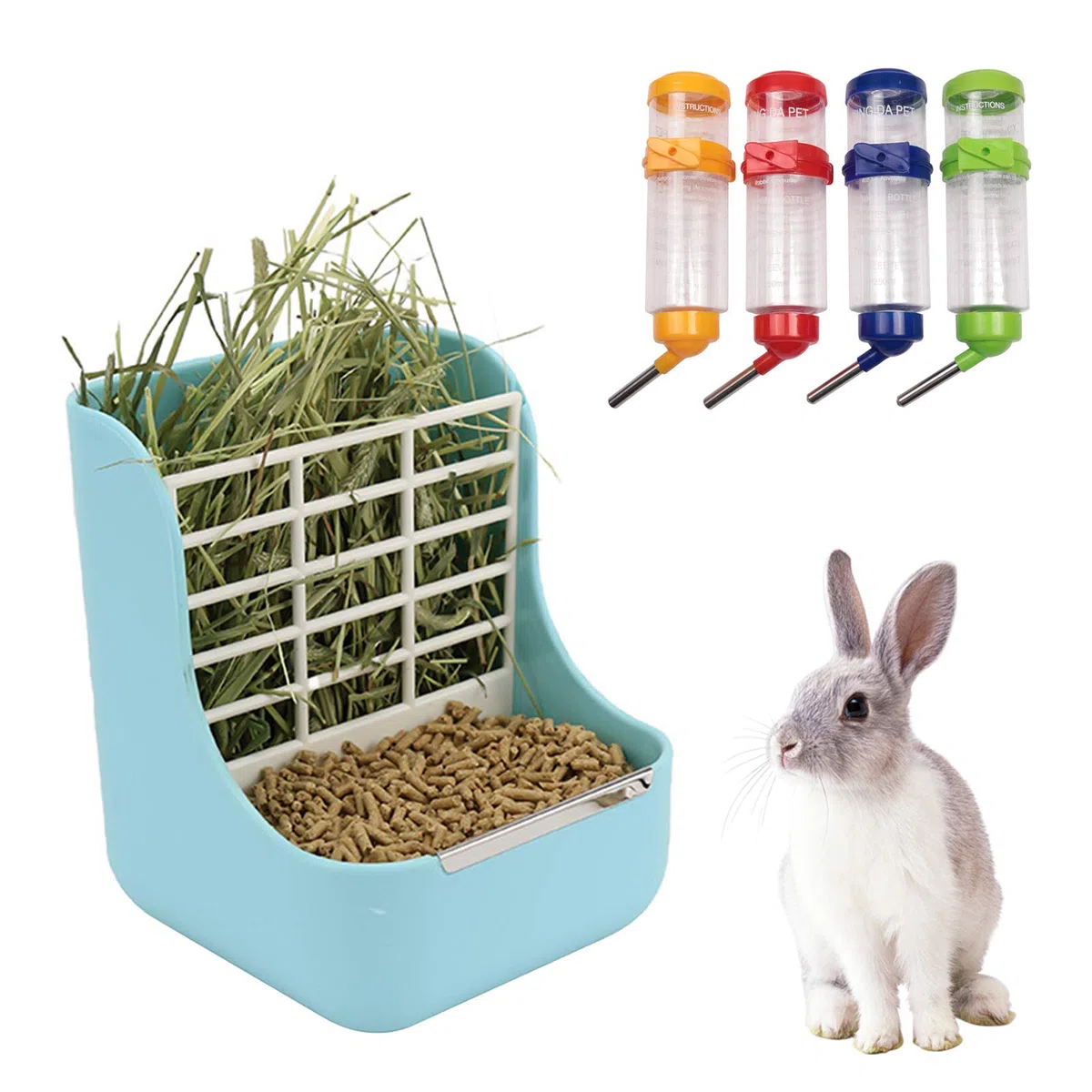 NO Heiqlay 1 Mangiatoia Porta Fieno per Conigli e 1 Borraccia, 2 in 1, in plastica, per Animali- Cavia, Coniglietti, porcellini d'India
