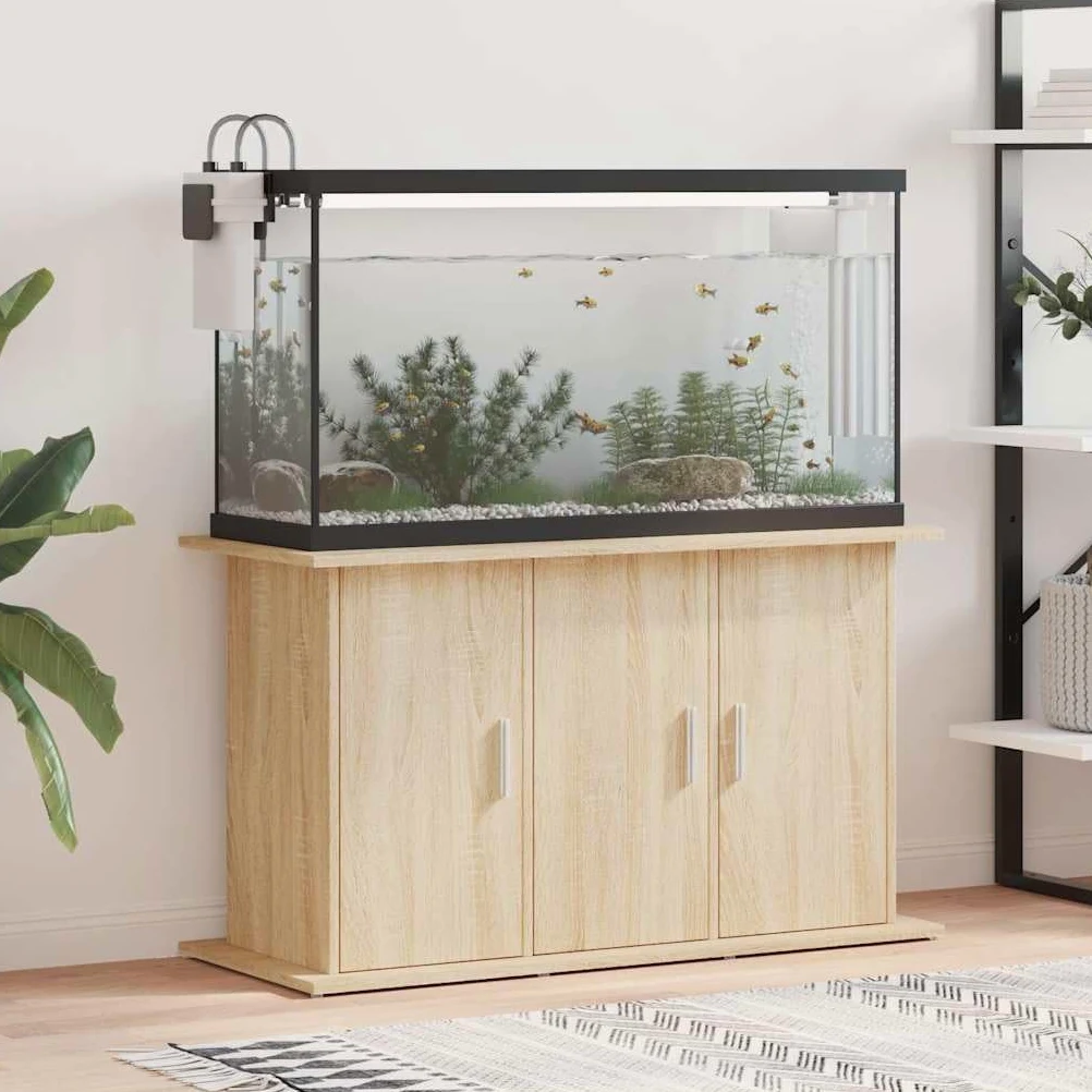 Supporto per acquario, in legno di quercia Sonoma, 101 x 41 x 58 cm, con 6 scomparti, stabile mobiletto inferiore per accessori, mangime, filtro, salvaspazio, per soggiorno, ufficio, camera da