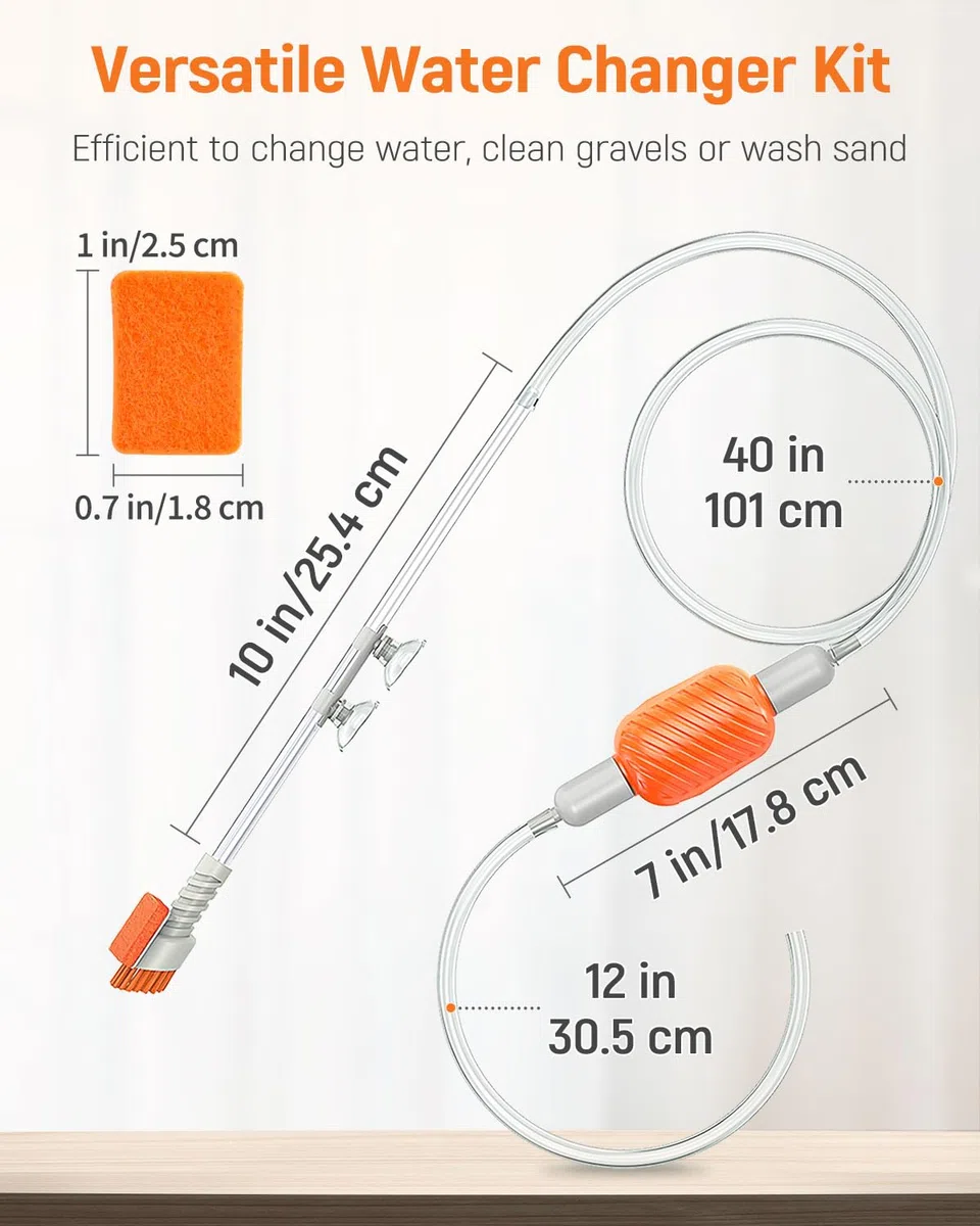 Pawfly Kit Pulitore Acquario, Sifone per Cambio Acqua con Tubo Lungo e Spazzola, Aspirapolvere Manuale per Ghiaia, Lavasabbia per Acquari da 38L