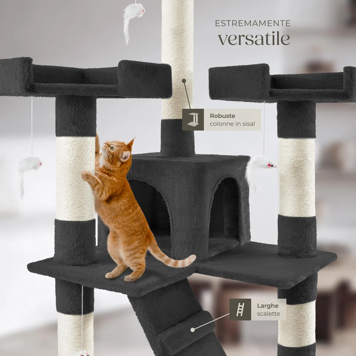 tectake® Tiragraffi per Gatti, Albero per Gatto con 2 Casette in Peluche, 4 Topolini da Gioco per Felini, 3 Piattaforme, Struttura Robusta, Tiragraffi felino a più Piani - Nero