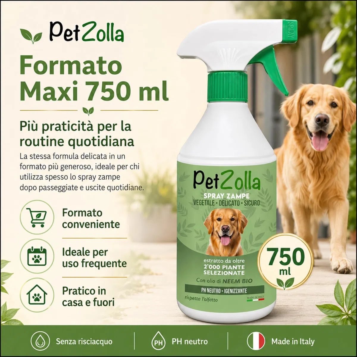 Spray pulisci zampe cane naturale e delicato 750ml, Lava zampe per cani senza risciacquo con olio di neem, argan e timo, azione idratante e protettiva - Made in Italy