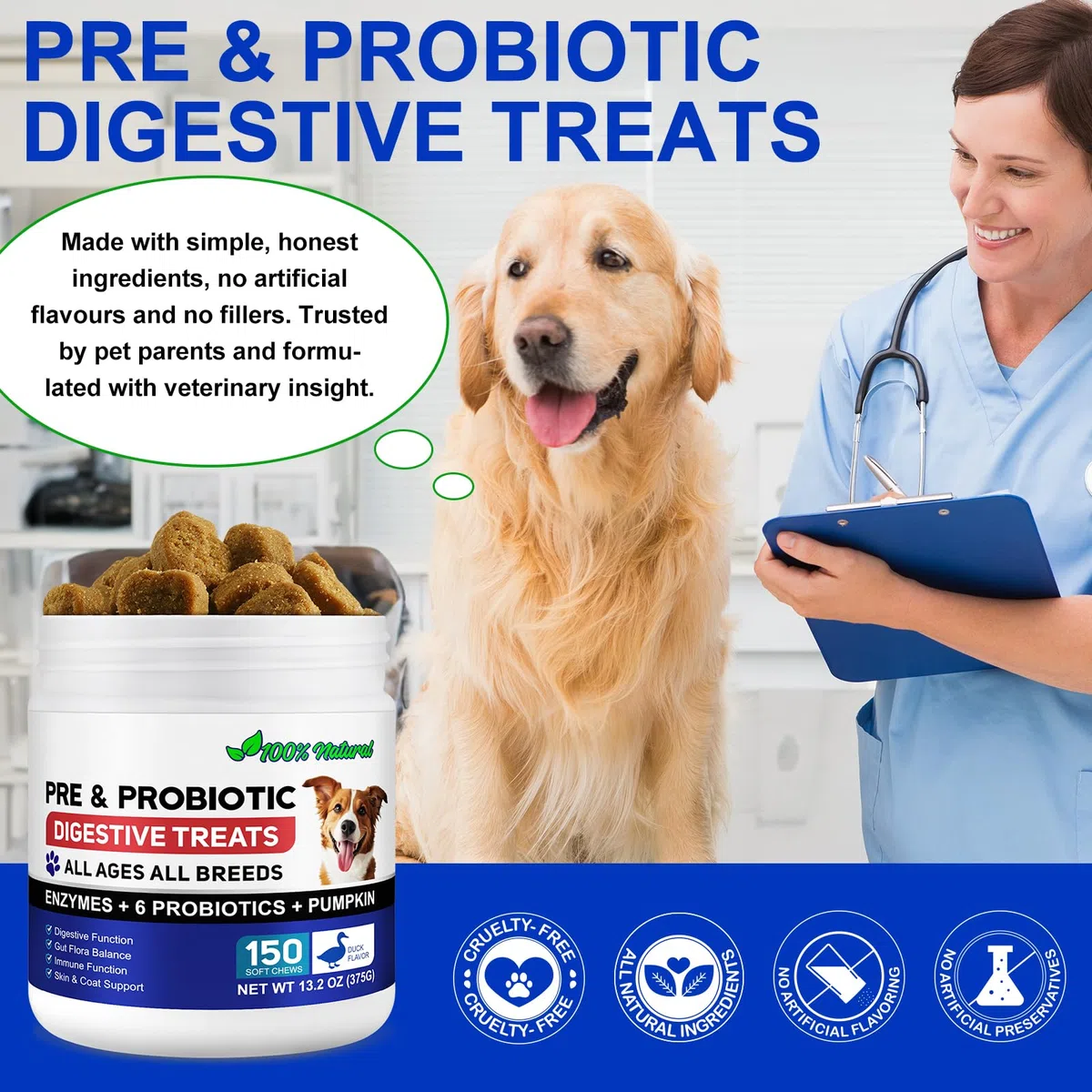 Probiotici per Cani, 150 Pezzi Probiotici per la Salute Intestinale dei Cani, Pre e Probiotici per il Supporto della Salute Digestiva del Cane, Salute Intestinale e Immunità, Sapore di Anatra