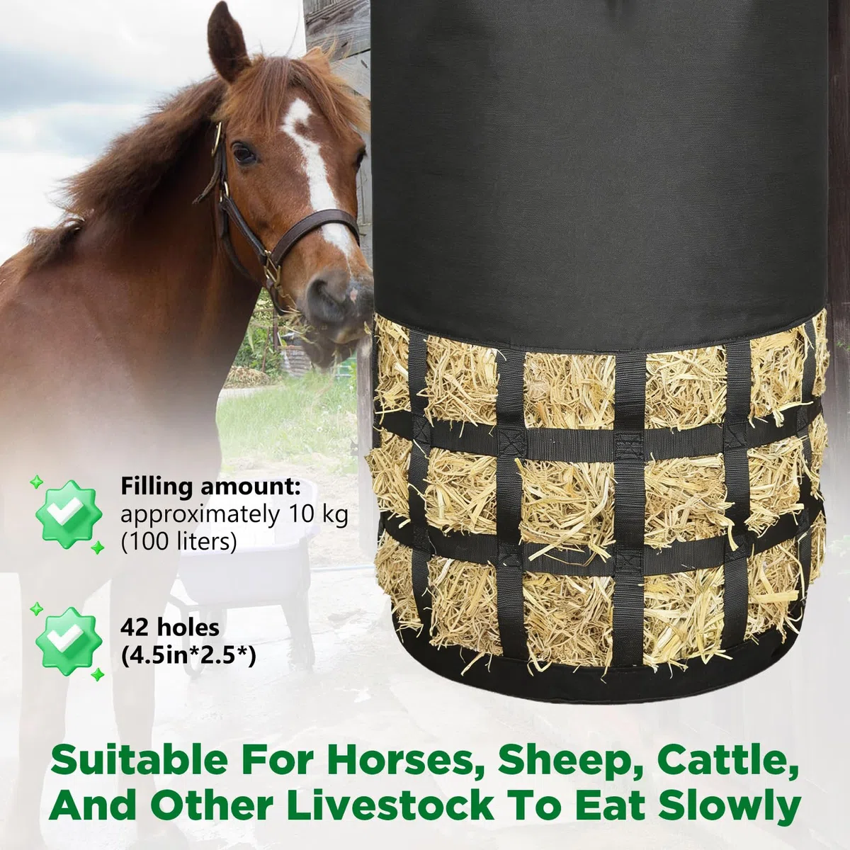 Rete da fieno a maglia stretta per cavalli, zaino XXL di alta qualità, con 10 kg di peso e maglie di 6,5 cm di larghezza, estremamente robusta per stalla, paddock e trasporto, occupazione adatta e