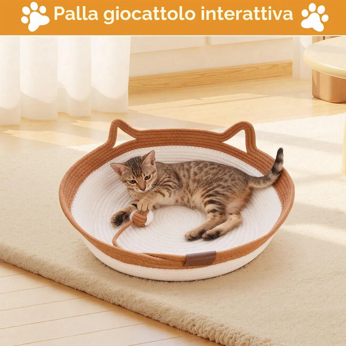 Zocipro Letto per Gatti in Corda di Cotone con Cuscino, 46x46x16 cm Grande Cuccia Rotonda Lavabile con Pallina Giocattolo in Corda di Cotone