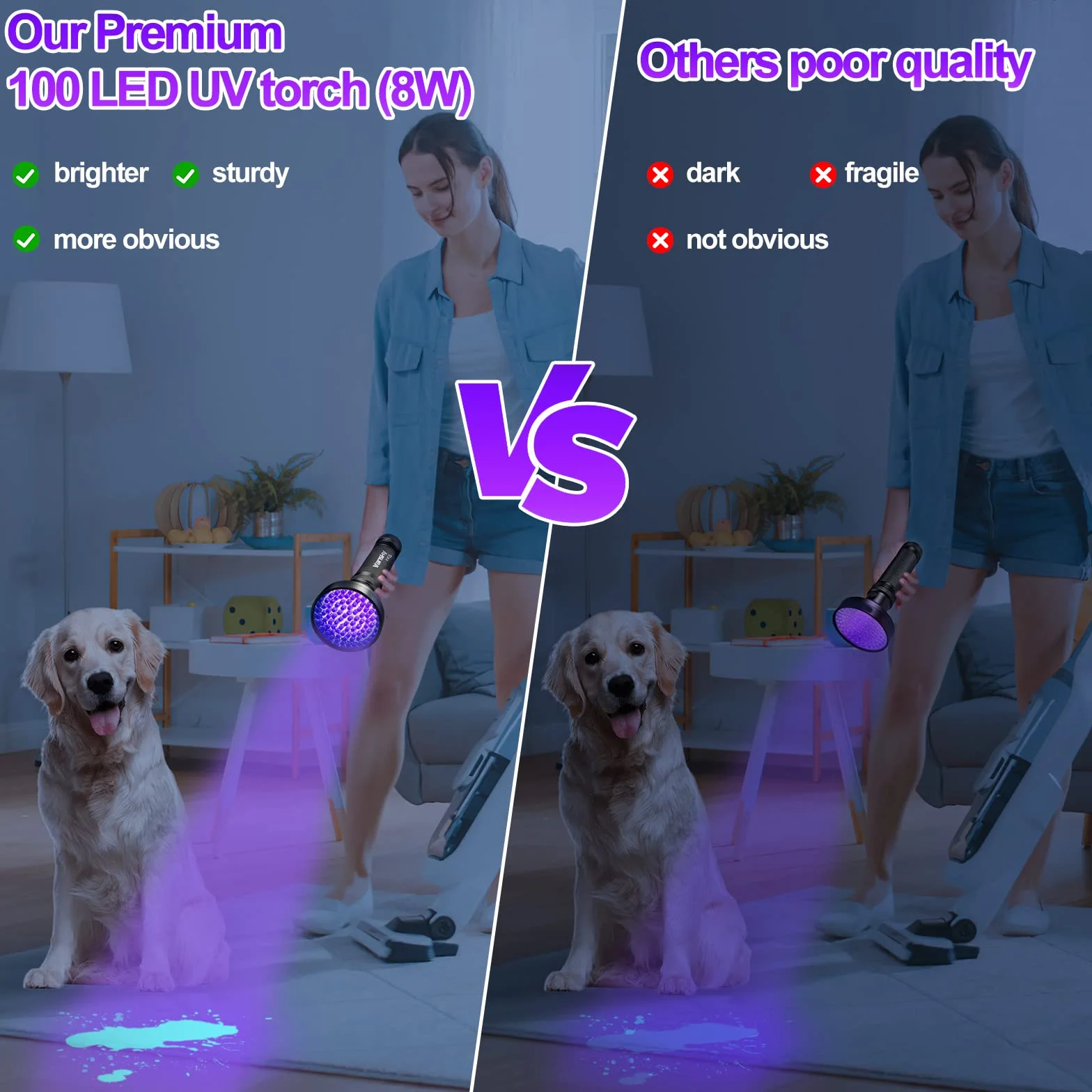 Torcia a raggi ultravioletti con luce UV, 100 LED, 395 nm, rilevatore di macchie di urina per gatti secchi/cani che curano la resina UV, pulizia della torcia OCD, ricerca di palline da golf/scorpioni