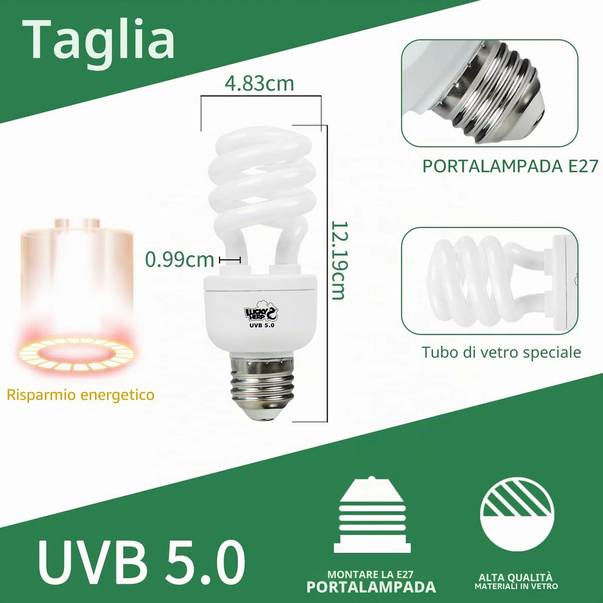 LUCKY HERP UVB terrario, lampada rettile UVA e UVB 150 E27 13 W UVB 5.0, adatta per tartarughe, polli, cani, gabbiani e altri anfibi e rettili