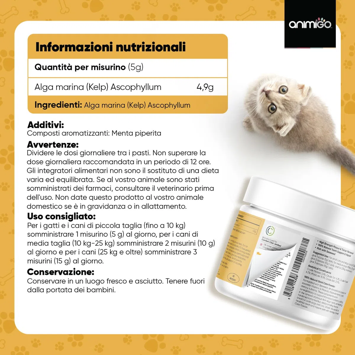 Pulizia Denti Cane e Gatto 350g in Polvere con Dosatore, Antiplacca e Antitartaro, Comoda Alternativa al Dentifricio per Cani Senza Risciacquo per Alitosi Gatto Cane, Sciogli Tartaro per Cani e Gatti
