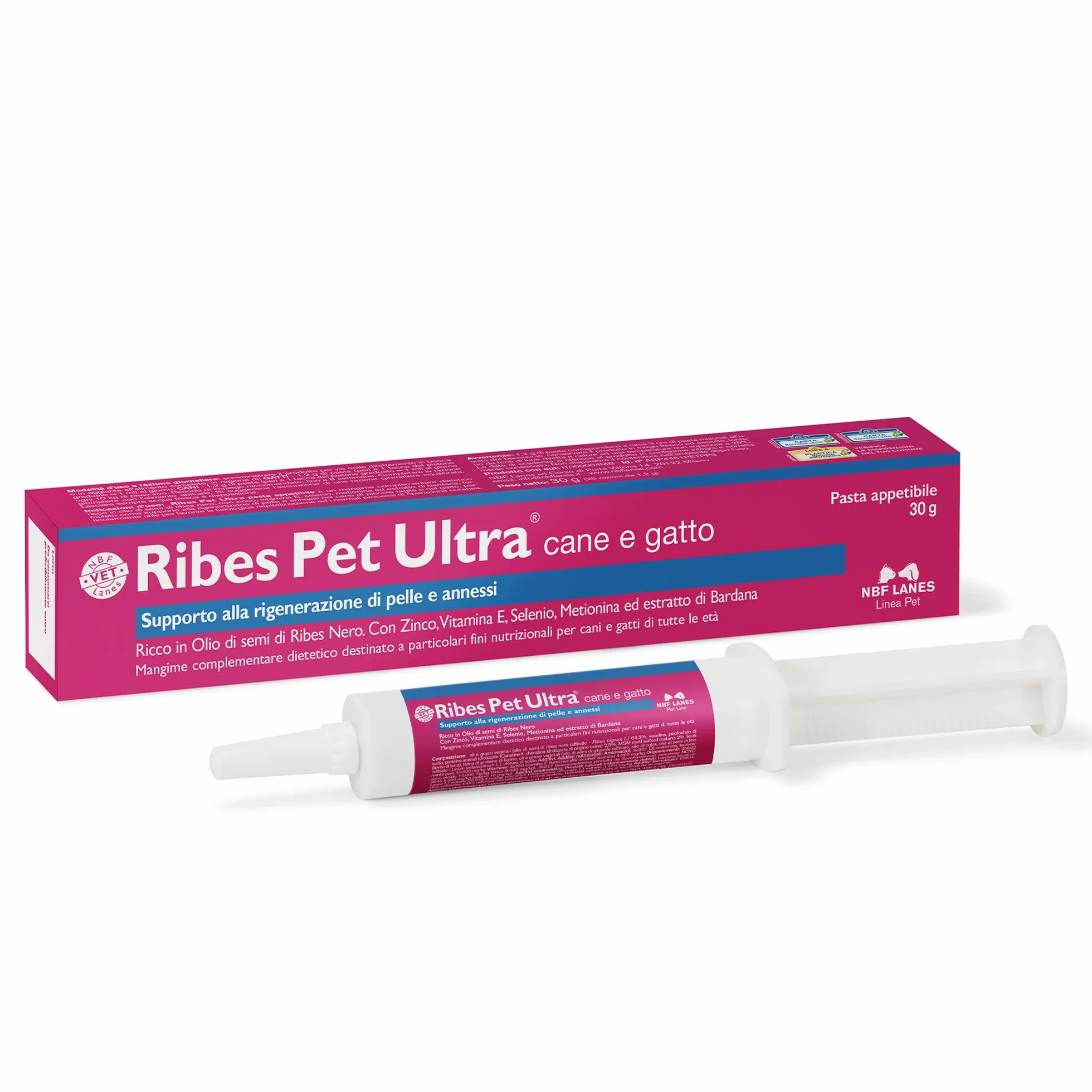 NBF Lanes | Ribes Pet Ultra Cane e Gatto, Pasta Appetibile 30 g, Supporto alla Rigenerazione di Pelle e Annessi