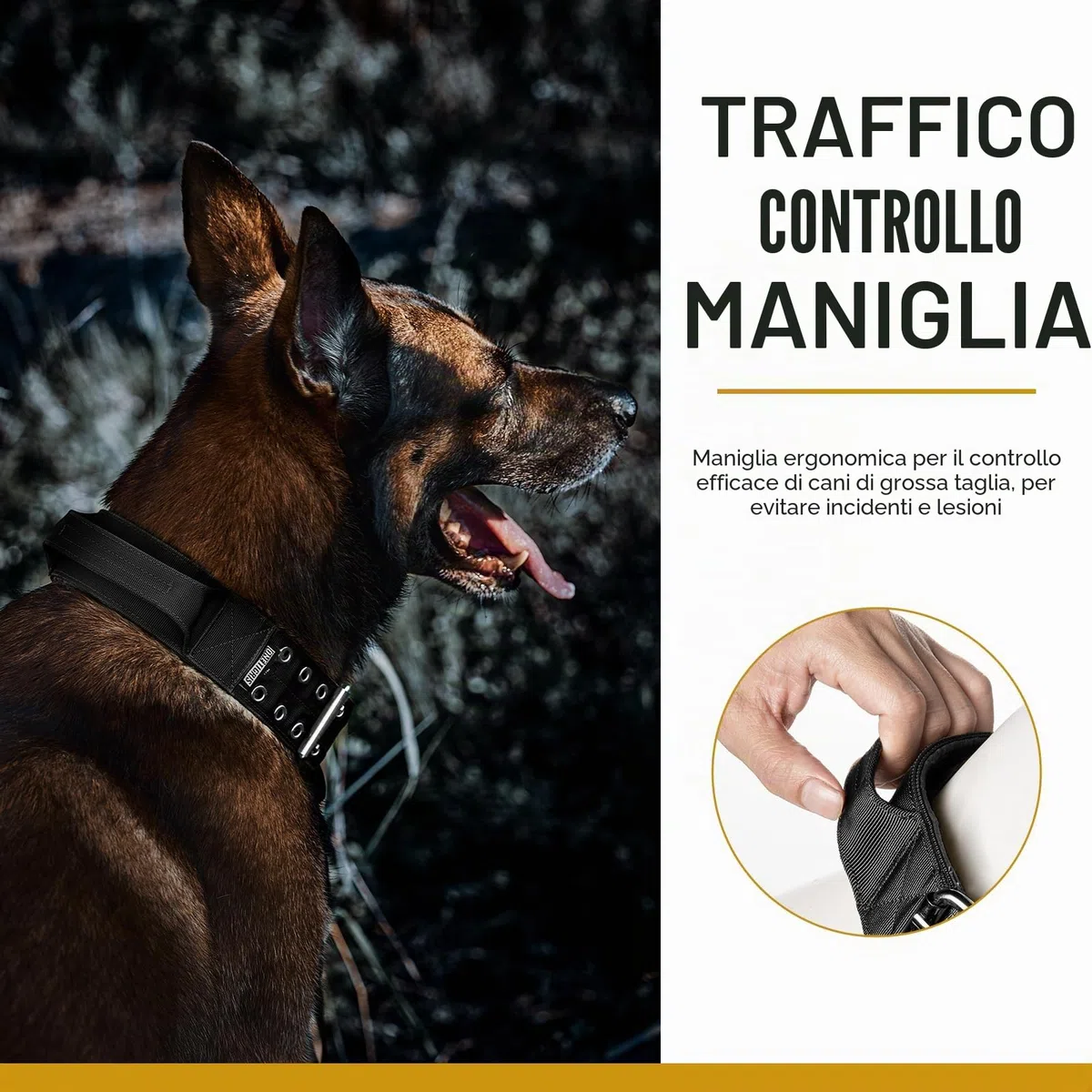 OneTigris Collare per cane largo 5 cm, con manico e toppa per cani di grandi dimensioni, nero, taglia L