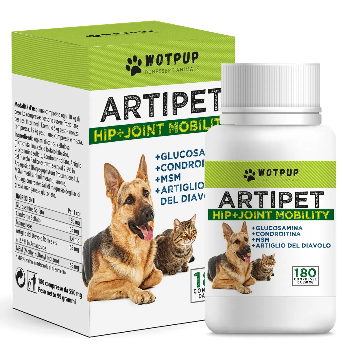 Artipet, integratore per articolazioni cani | 180 compresse da 550mg con MSM, Artiglio del Diavolo, Condroitina, Glucosamina | per cani e gatti di tutte le taglie | Fornitura 6/9 mesi, Fatto in Italia