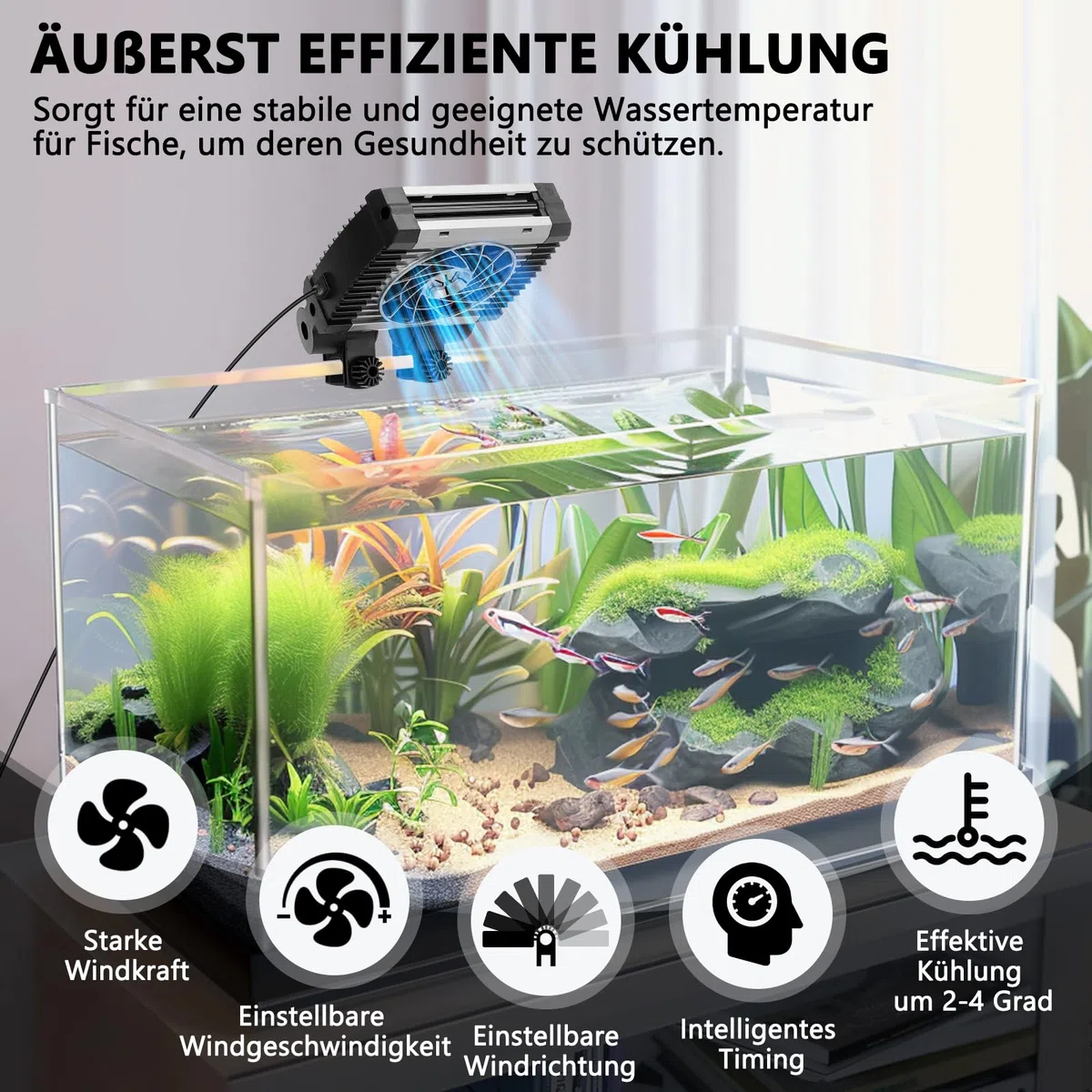 fishkeeper Ventilatore per acquari, raffreddatore per acquari, velocità dell'Aria e Timer Regolabili, Ventilatore Silenzioso per acquari d'Acqua Dolce e salata da 30cm (1 ventilatori)