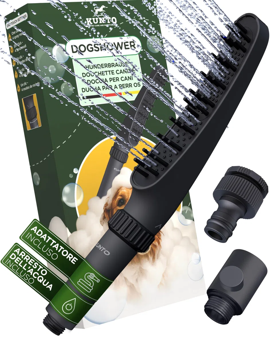 doccia KUNTO®: doccia per cani a 4 getti - setole in silicone per pulizia piacevole ed efficace del pelo. Adattatore per tubo da giardino
