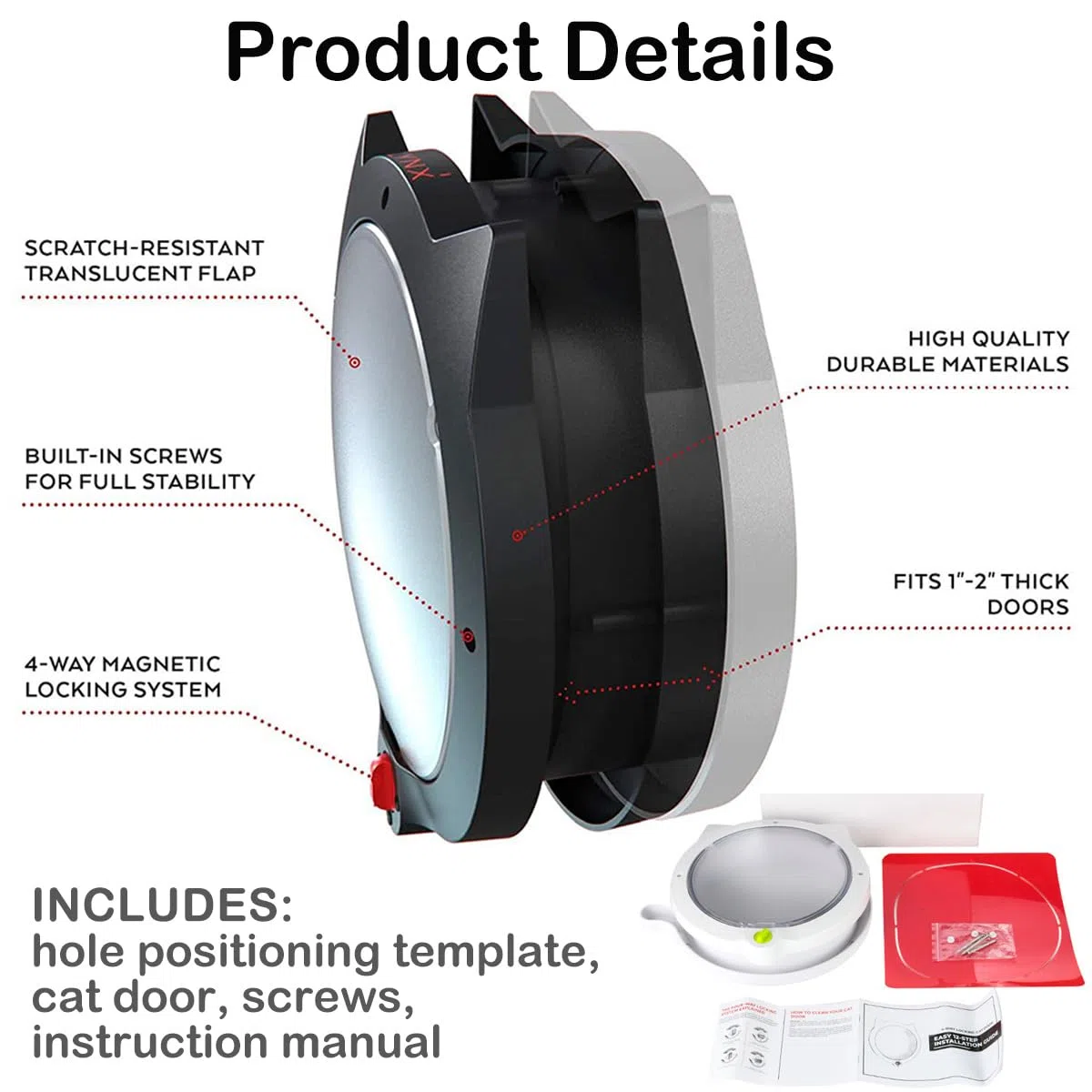 Porta con sportello per gatti, chiusura a 4 vie, rotonda, magnetica, per cani e gatti, per finestre, porte scorrevoli in vetro e pareti, resistente alle intemperie, ingresso esclusivo per gatti e
