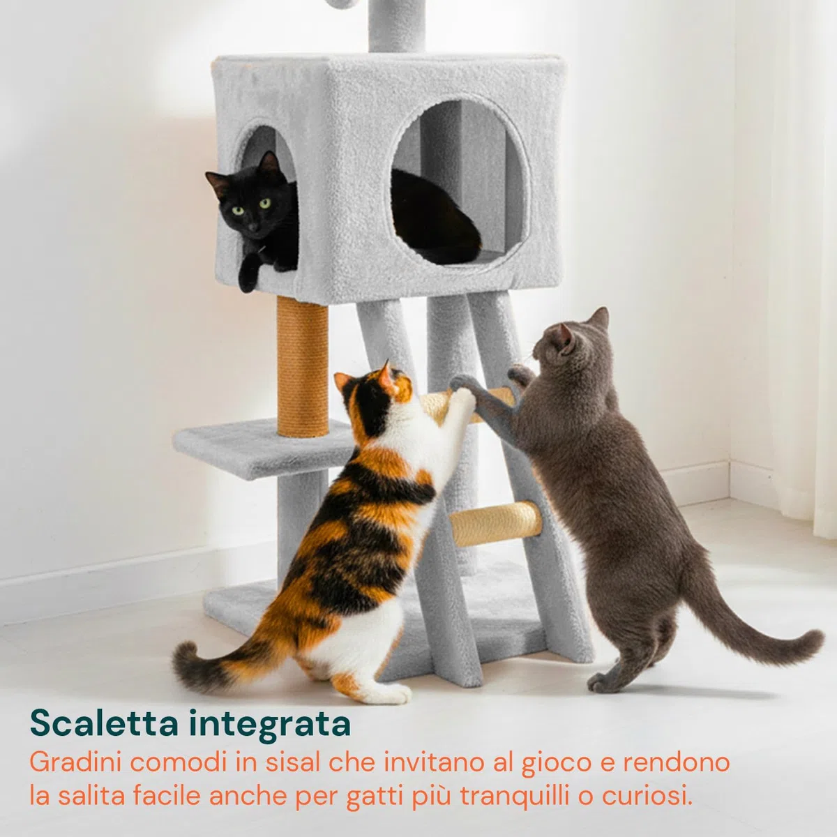 Avilia Albero Tiragraffi per Gatti 92 cm con Cuccia Chiusa e Piattaforme Multilivello – Colonna Sisal Naturale e Scala Integrata, Ideale come Trespolo per Gatti e Giochi in Casa (40x35x92 cm)