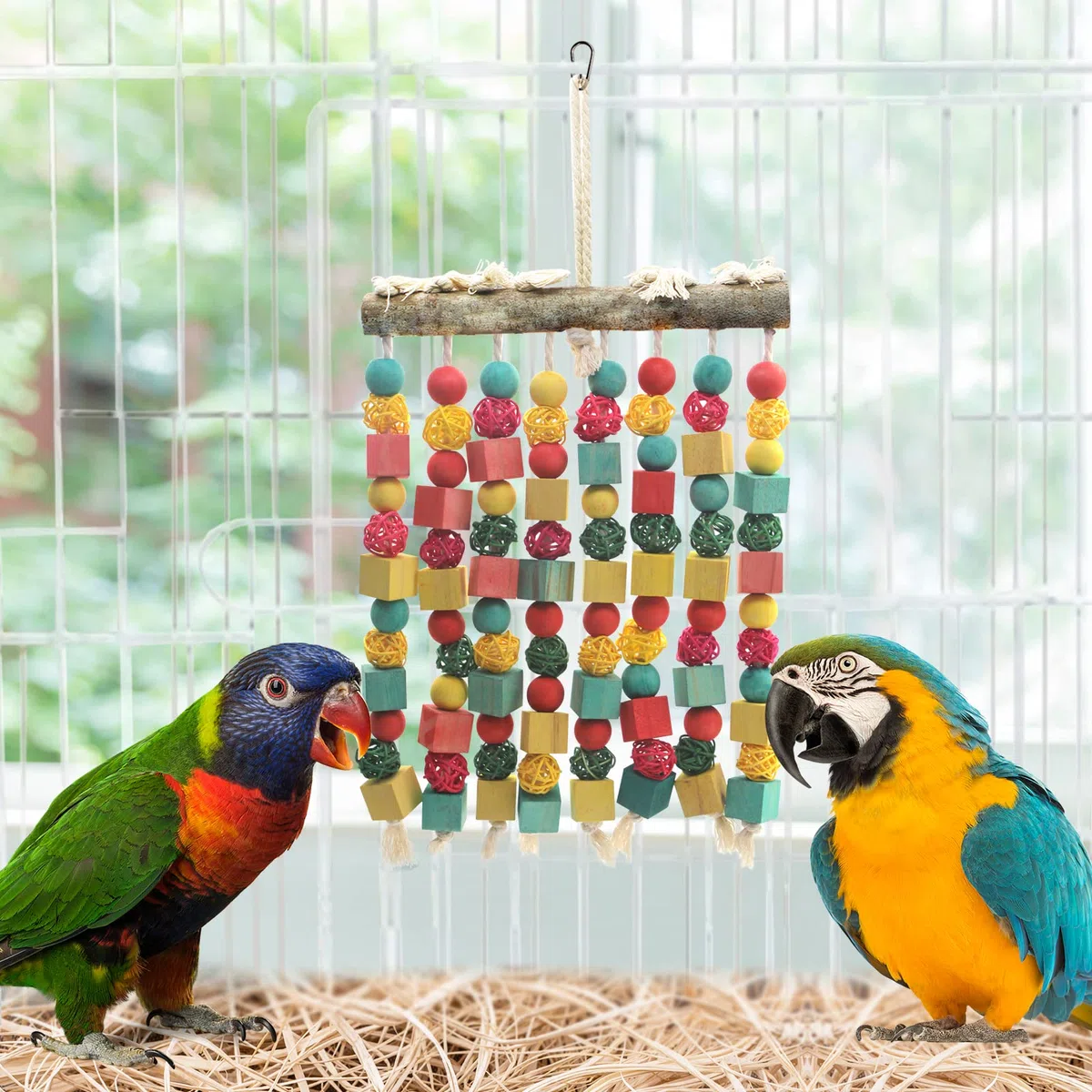 MQUPIN Grande uccello pappagallo giocattolo da masticare, in legno naturale, blocchi di legno Takraw pappagalli gabbia giocattolo adatto per grandi uccelli medi Ara,cacatua grigio africano,pappagalli