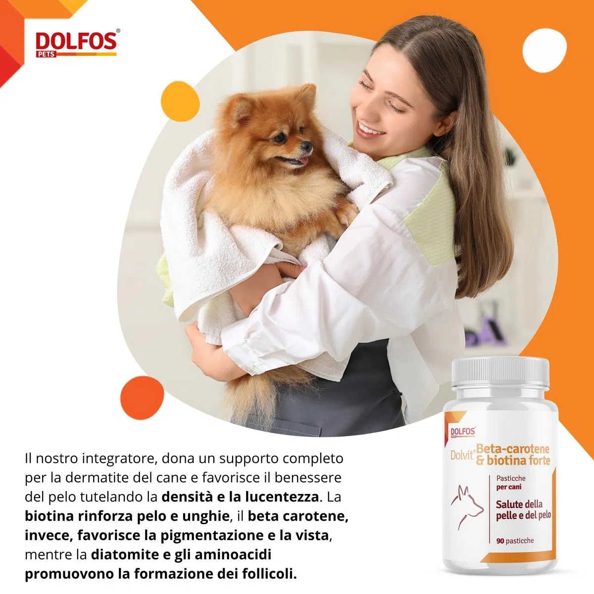 Dolvit Beta Carotene & Biotin Forte 90 CPR, Integratore Pelo Cane e Vista, Antiprurito per Cani e Supporto per Dermatite, Beta Carotene Integratore con Biotina per Pelle e Pelo, Rimedi Dermatite Cane