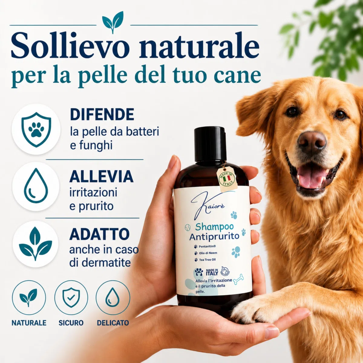 Kaiorè Shampoo Antiprurito per Cani, Adatto per dermatite, Sollievo Cute Sensibile e Irritata, con Olio di Neem, Tea Tree Oil e Pentavitin®, 250 ml