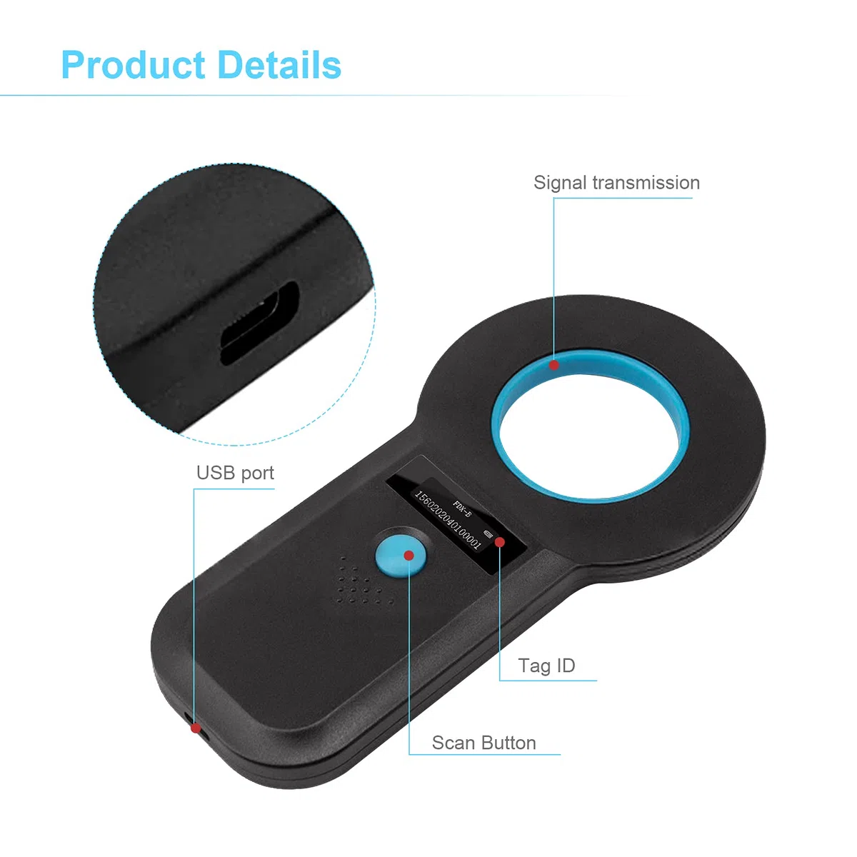 Scanner Microchip Nero, Lettore per Identificazione Animali Domestici Cani Gatti, Portatile EMID Fox-B (ISO11784/11785)