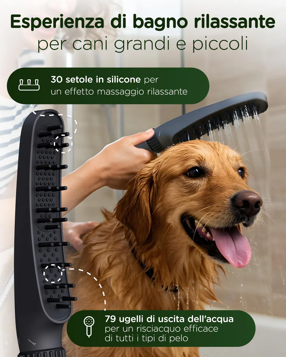 doccia KUNTO®: doccia per cani a 4 getti - setole in silicone per pulizia piacevole ed efficace del pelo. Adattatore per tubo da giardino
