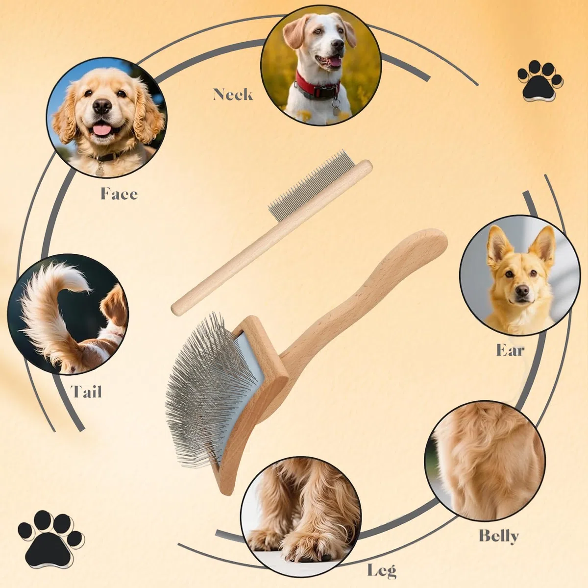 Spazzola per Cani Pelo Lungo con Manico in Legno Curvo, Cardatore e Pettine per Rimuovere Nodi e Sottopelo, Per Cani e Gatti a Pelo Medio/Lungo come Golden Retriever, Maine Coon