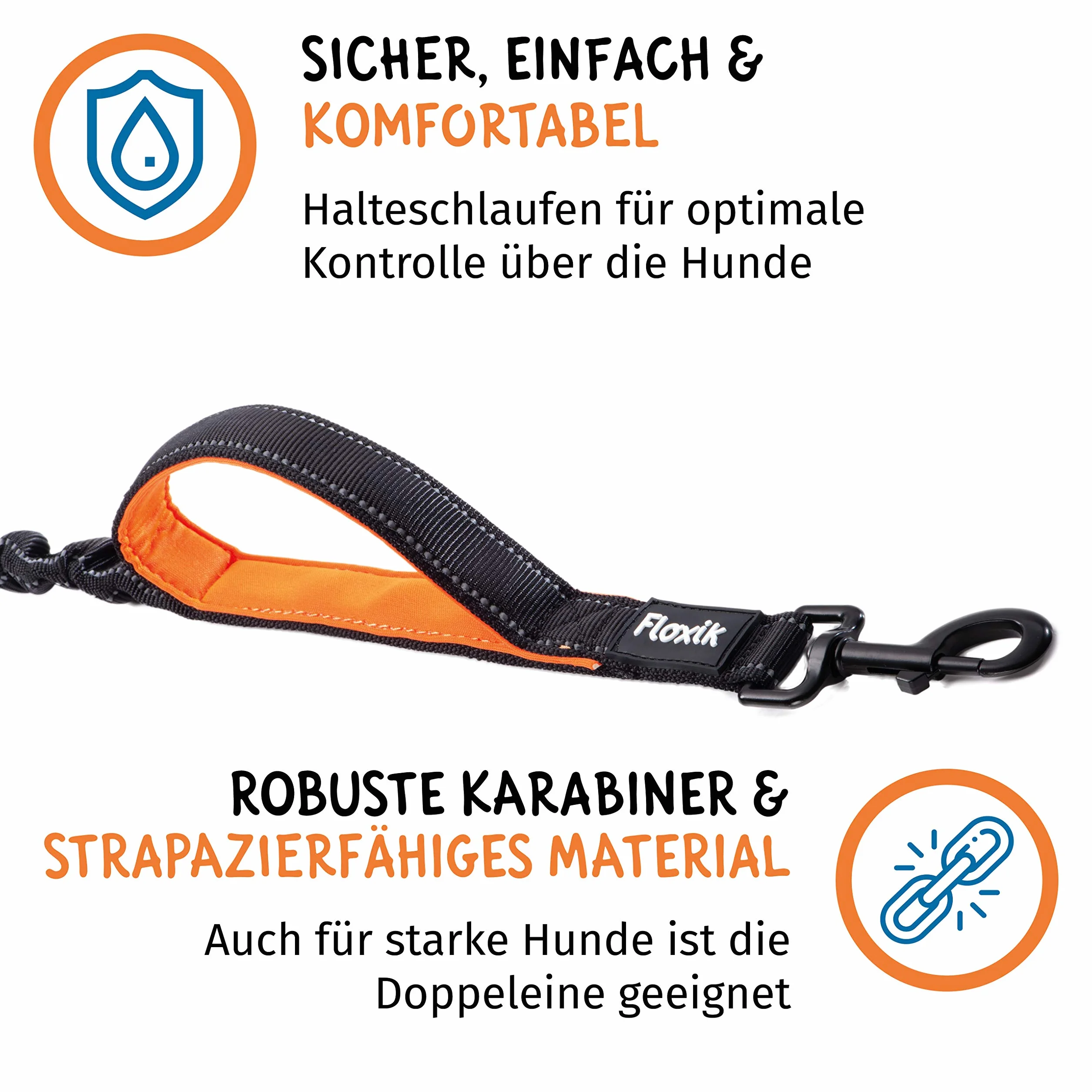 Floxik Doppio guinzaglio grande | Guinzaglio flessibile e riflettente premium per due cani da accoppiare con supporto corto nero