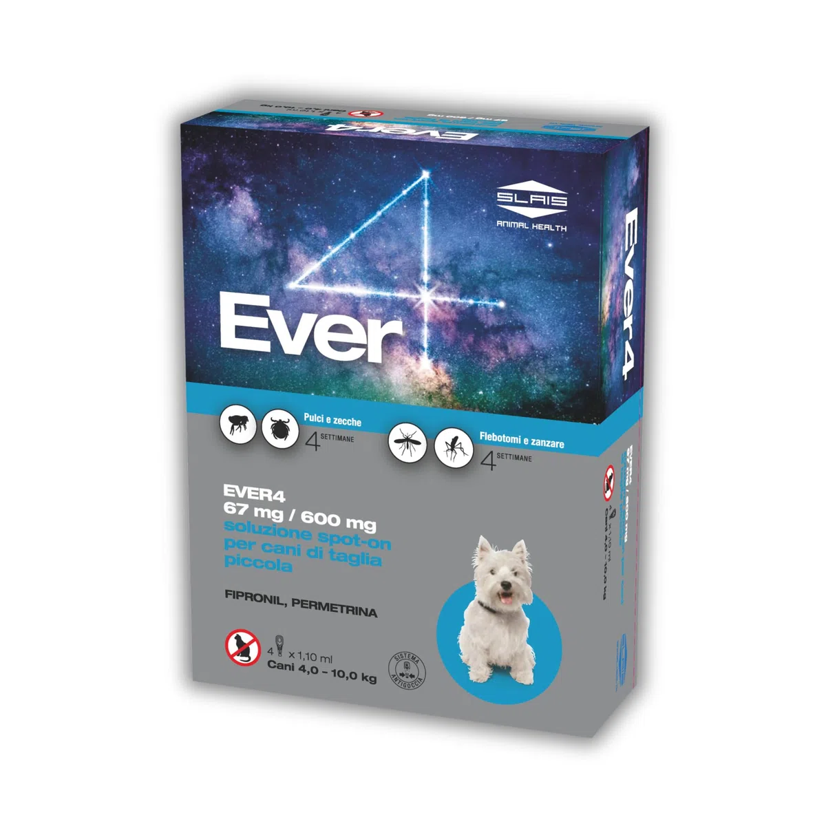 Ever 4 Pipette Antiparassitario Cani S (4-10 KG) - Spot-On per Pulci, Zecche, Flebotomi, Zanzare - Protezione Completa - Fialetta Antipulci Cane