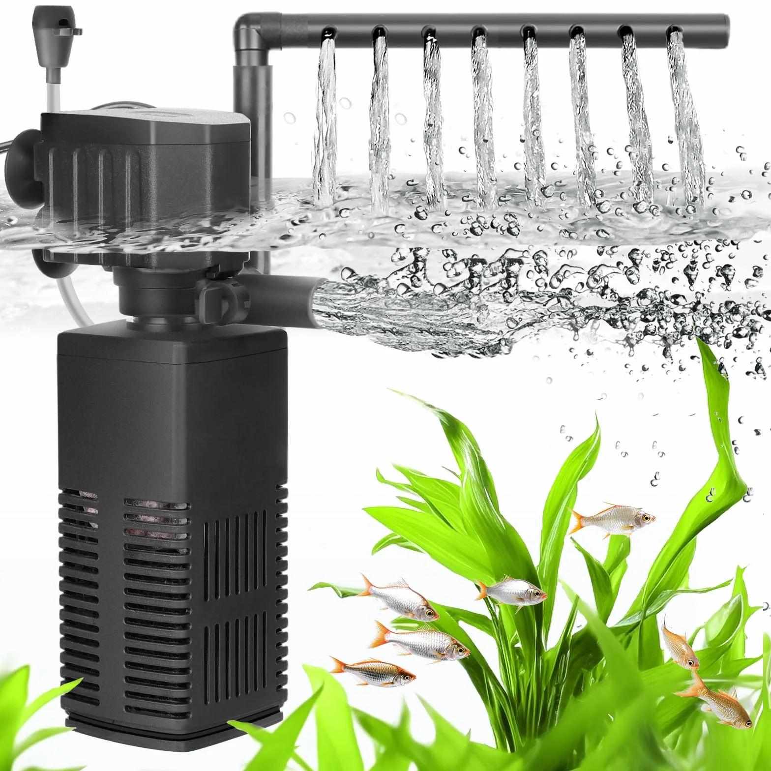 AQQA Filtro per acquario, 4 en 1, pompa filtro per acquario, 450 l/h, filtro interno regolabile per serbatoio fino a 120 l (12 W)