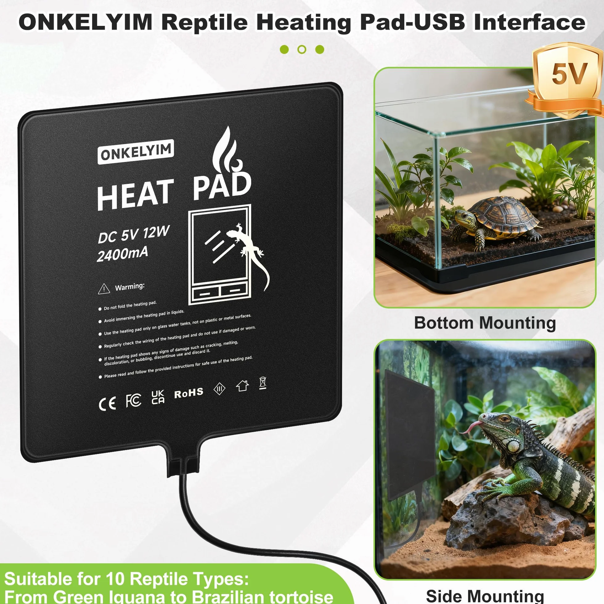 Tappetino Riscaldanti Rettili Regolabile, 20x20CM Ricarica USB, Adesivo Forte per Tartaruga Serpenti Lucertola Geco Granchio Eremita Anfibi - Tappetini Riscaldanti sotto la Vasca(12W)