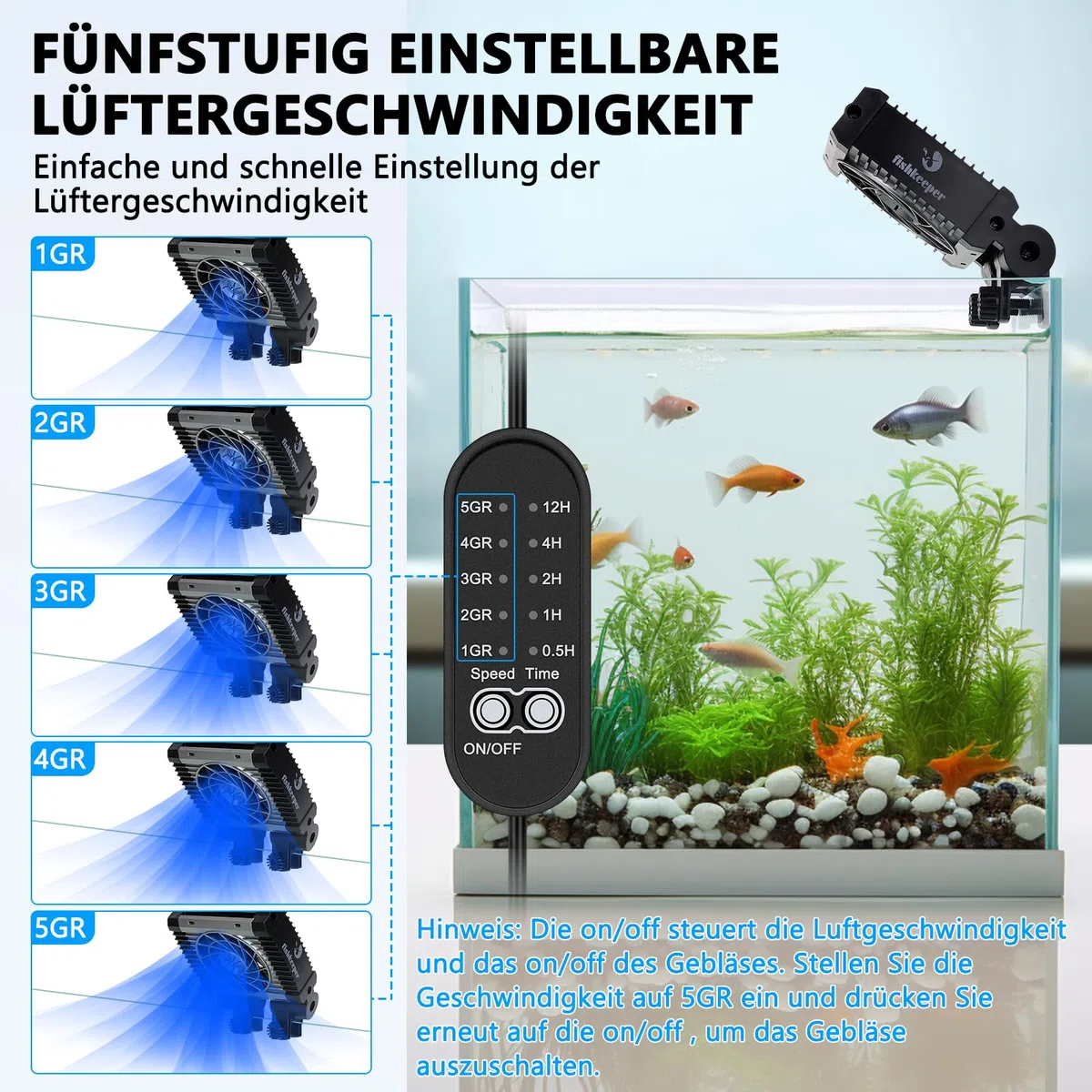 fishkeeper Ventilatore per acquari, raffreddatore per acquari, velocità dell'Aria e Timer Regolabili, Ventilatore Silenzioso per acquari d'Acqua Dolce e salata da 30cm (1 ventilatori)