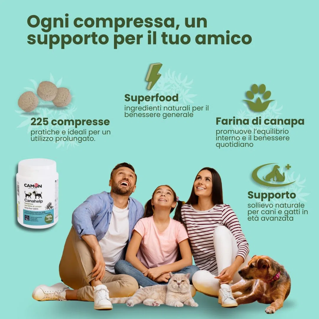 CAMON | Canahelp Compresse, Alimento Complementare per Cani e Gatti, Supporta la Crescita e il Mantenimento in Salute dell'Organismo, 225 Compresse da 180g