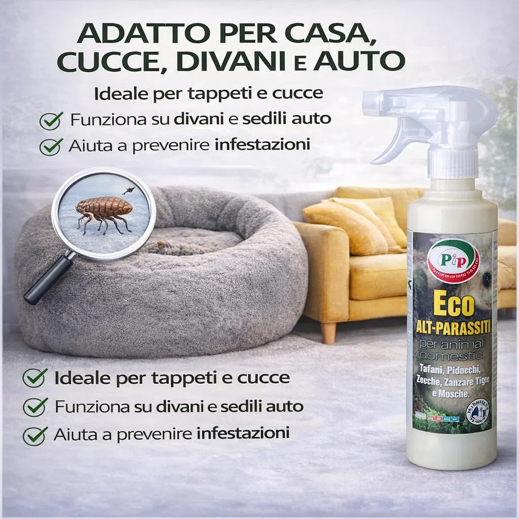 PIP Eco Alt Parassiti, Antiparassitario per Cani e Gatti Spray Olio di Neem Vegetale, Made in Italy - Repellente contro Pulci, Zecche, Pappataci, Pidocchi - Adatto a per Tappeti e in Auto