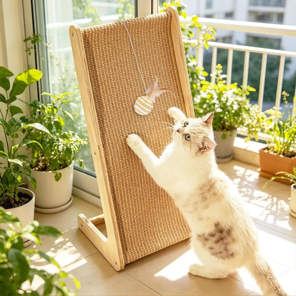 CEWROM Tiragraffi gatto grande 68 cm, sisal tiragraffi gatti, in legno di faggio massiccio e sisal naturale, design reversibile a forma di L, tappetino antigraffio per divano e protezione da parete