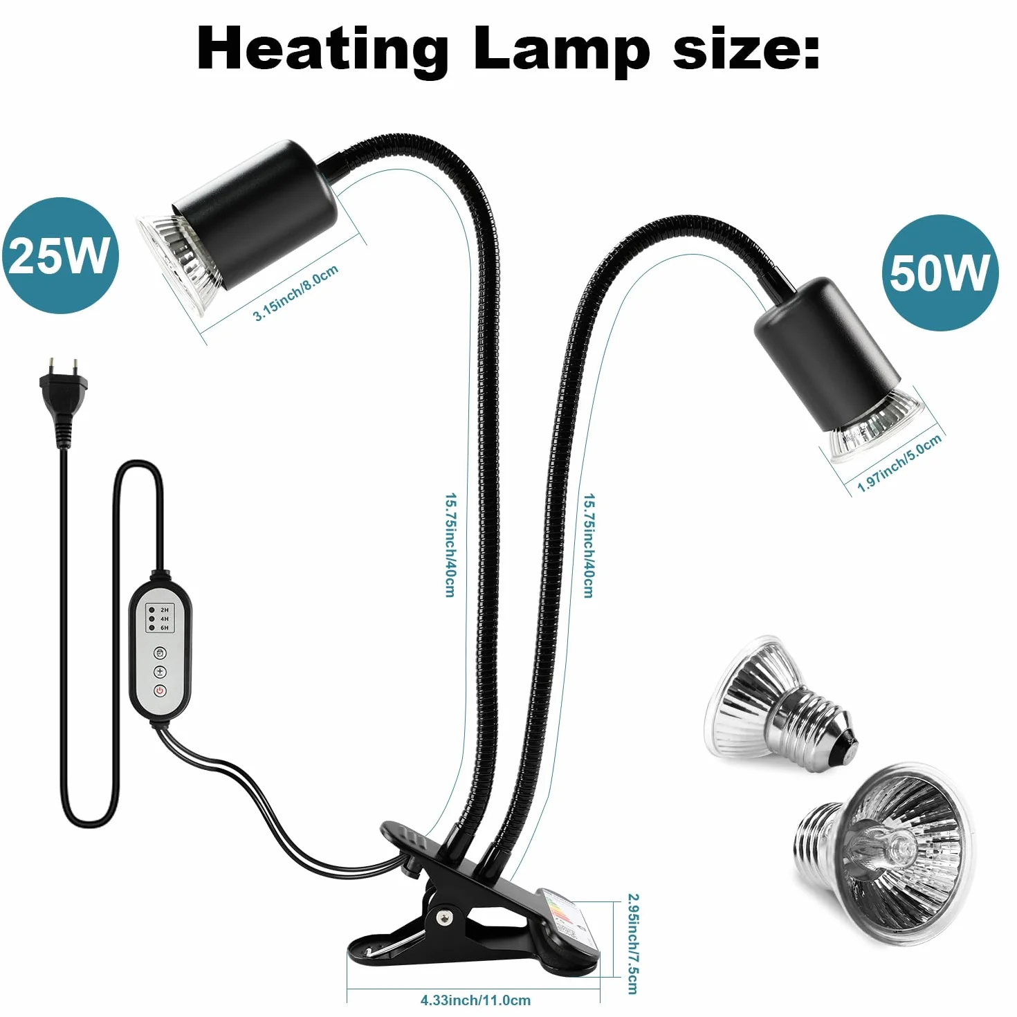 Lampada Riscaldante Tartarughe a Due Teste, 25W+50W Lampada Tartarughe Acqua E27, UVA+UVB Lampadas Riscaldante Rettile con Interruttore Timer Regolabile per Tartarughe Rettili Lucertole (Nero)