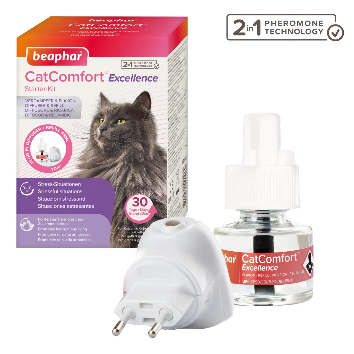 Beaphar CatComfort Excellence Starter Kit, Antistress Gatto con Feromoni Felini, 1 Diffusore + 1 Ricarica 48 ml per un Ambiente Calmo e Senza Stress, Copertura fino a 70 m2