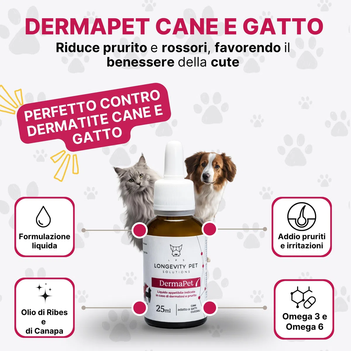 DermaPet Integratore Dermatite per Cute Cani e Gatti | Lenitivo Anti Rossore Naturale con Olio di Ribes | Prurito Cane e Gatto | 25ml | Integratori Olio contro Dermatiti Made in Italy | Longevity Pet