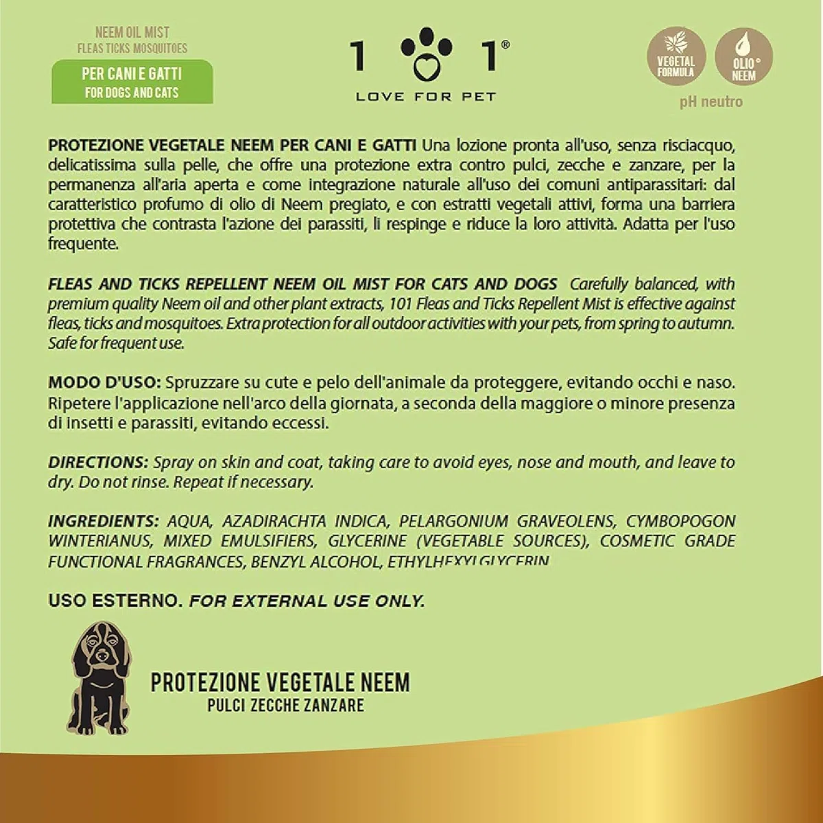 Olio Di Neem Per Cani e Gatti 250ml Protezione Vegetale Spray Antizanzare Cane, Repellente Zecche Cane, Antiparassitario Naturale Per Cani, Antipulci per Gatti, Antiparassitario per Gatti