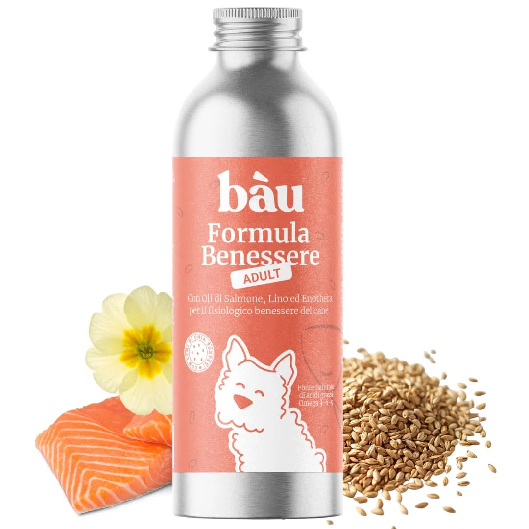 Bau Olio di Salmone per Cani Adulti con Semi di Lino ed Enotera – Omega 3 e 6 Naturali – Supporto per Pelle, Pelo Lucido e Vitalità – Integratore Liquido per Cani - Adulti