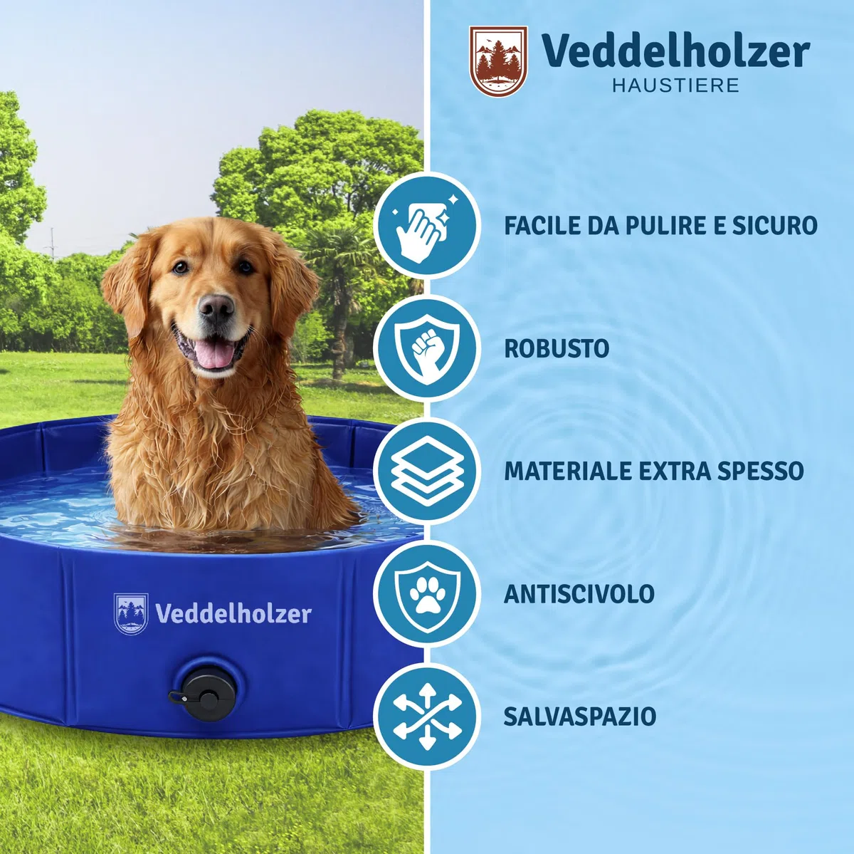 Piscina per cani pieghevole Veddelholzer (M) 80 x 20 cm Antiscivolo – Piscina per cani robusta, salvaspazio e stabile, ideale per giardino e balcone, montaggio rapido senza gonfiaggio, per cani