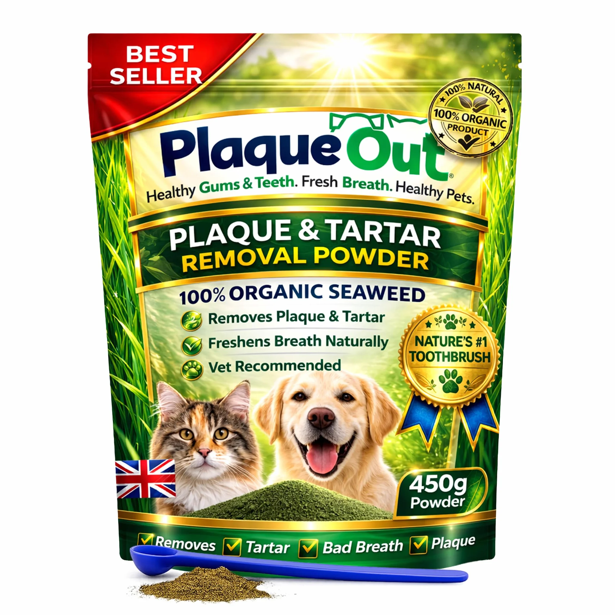 PLAQUE OUT 450G Pouch Tartaro Placca Off Remover, Alito Cattivo Denti Gum Care per Cani, Gatti 100% Biologico
