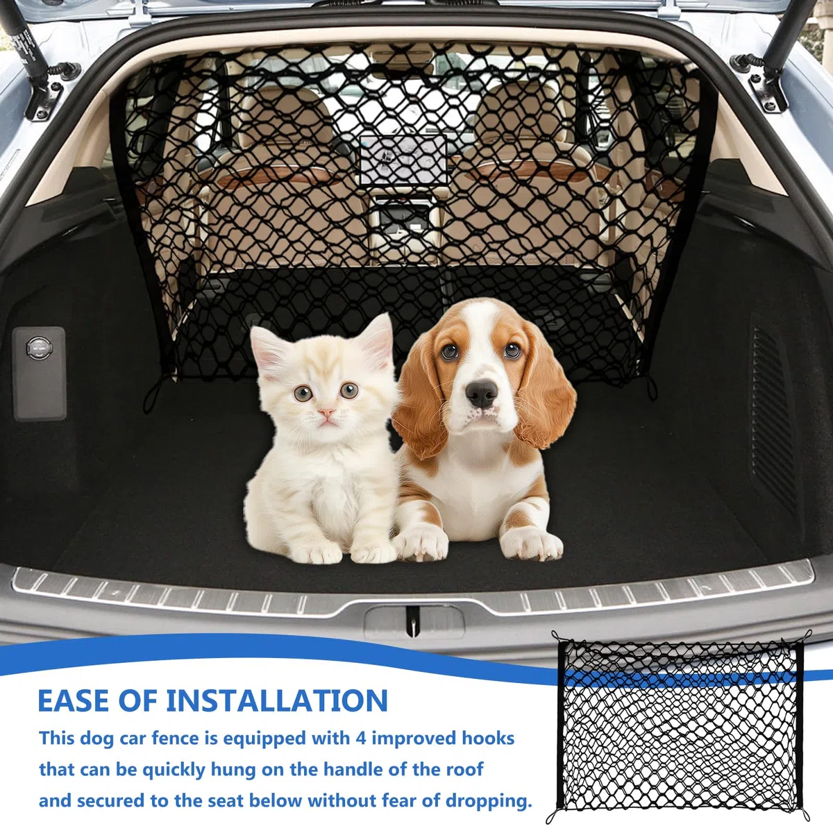 GOMETY Griglia di protezione per auto, barriera, rete di separazione per cani, 120 x 90 cm, per bagagliaio, doppio strato di polipropilene con 4 ganci, rete universale per cani di sicurezza per
