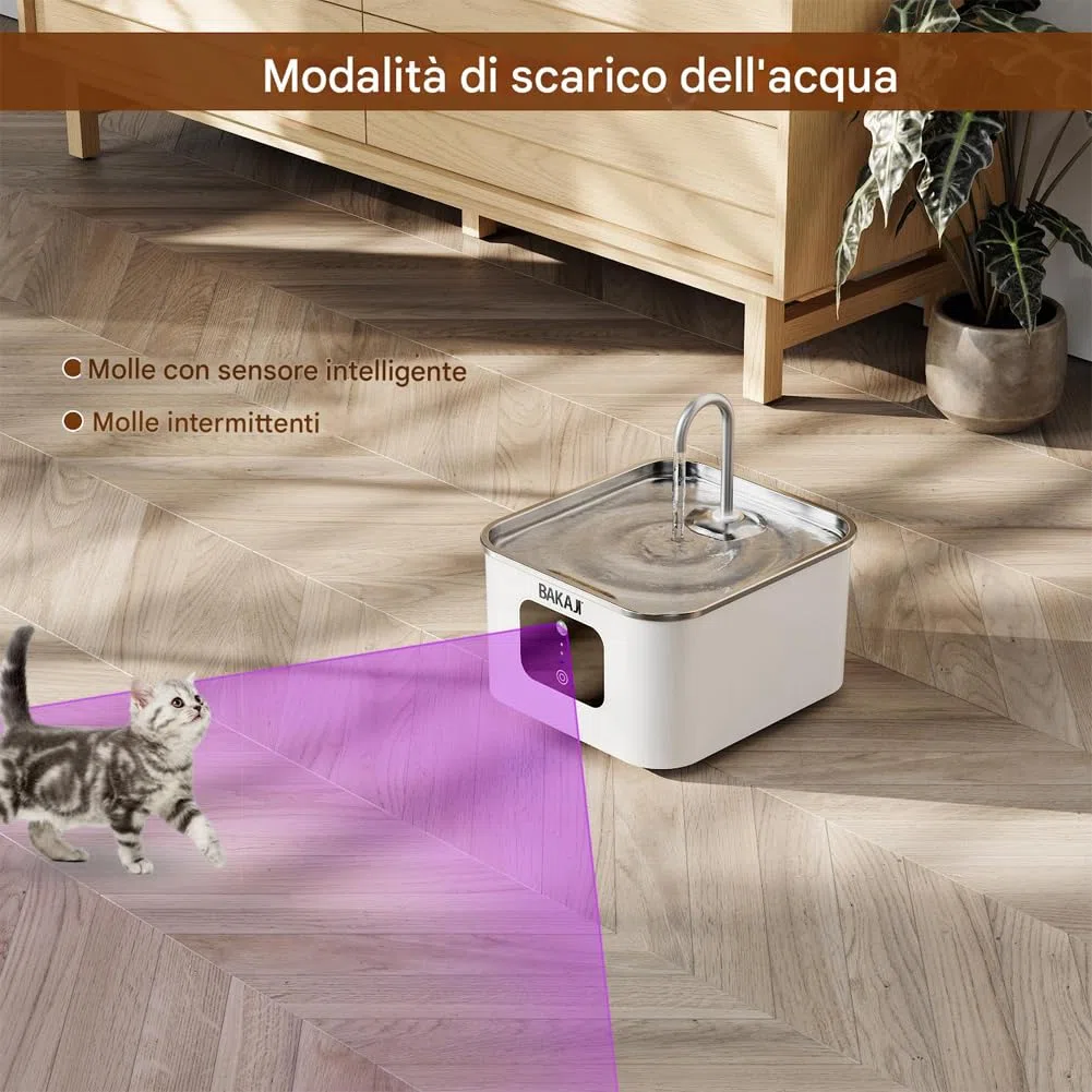 BAKAJI Dispenser Erogatore d'Acqua da 3.5 Litri Intelligente con Sensore per Animali Domestici, Distributore Automatico Fontanella Acqua per Cani e Gatti con 2 Modalità e Autonomia Prolungata