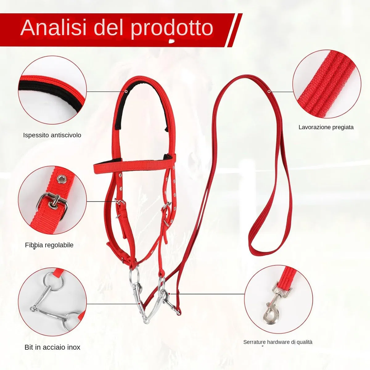 Briglia Per Cavallo - Testiera Per Briglia Da Equitazione, Redini Regolabili Antistrappo Per Adulti | Forniture Per Capezzina Per Filetto Equestre | Redini Rosse Con Doppia Fettuccia Per Uso A Lungo T