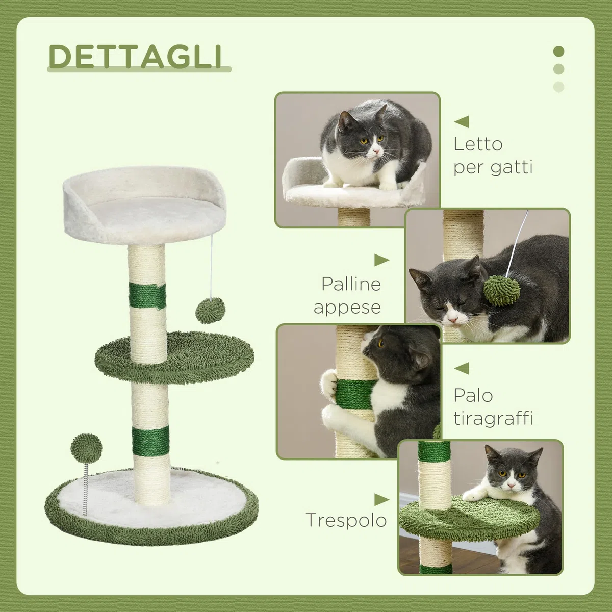 PawHut Albero Tiragraffi con Lettino per Gatti, 2 Palline, Piattaforma e Palo in Sisal, Palestra per Gatti con Rivestimento in Chenille e Peluche, Verde e Bianco