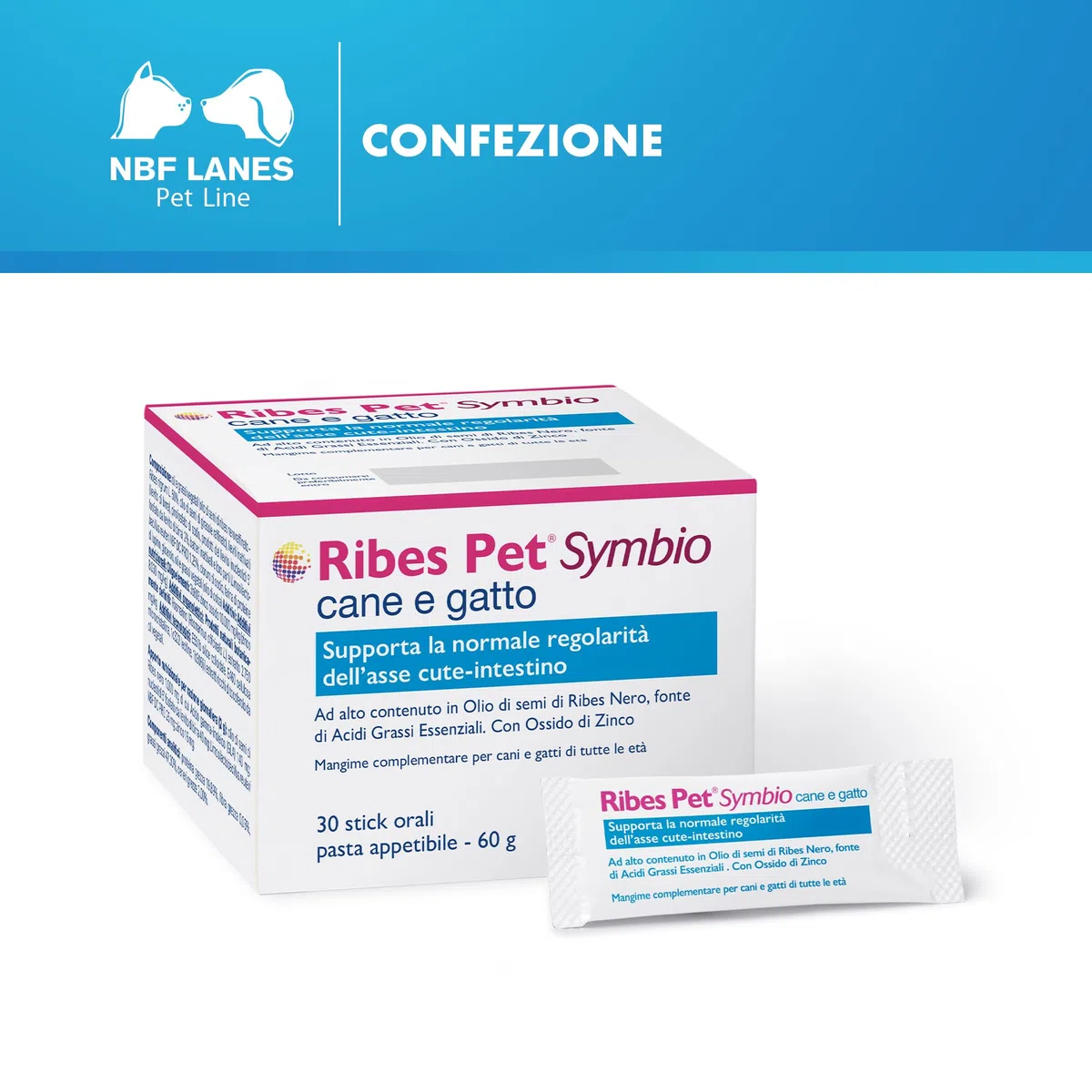 NBF Lanes | Ribes Pet Symbio Cane e Gatto, 30 Stick di Pasta Appetibile 60 g, Supporta la Normale Regolarità dell’Asse Cute-Intestino