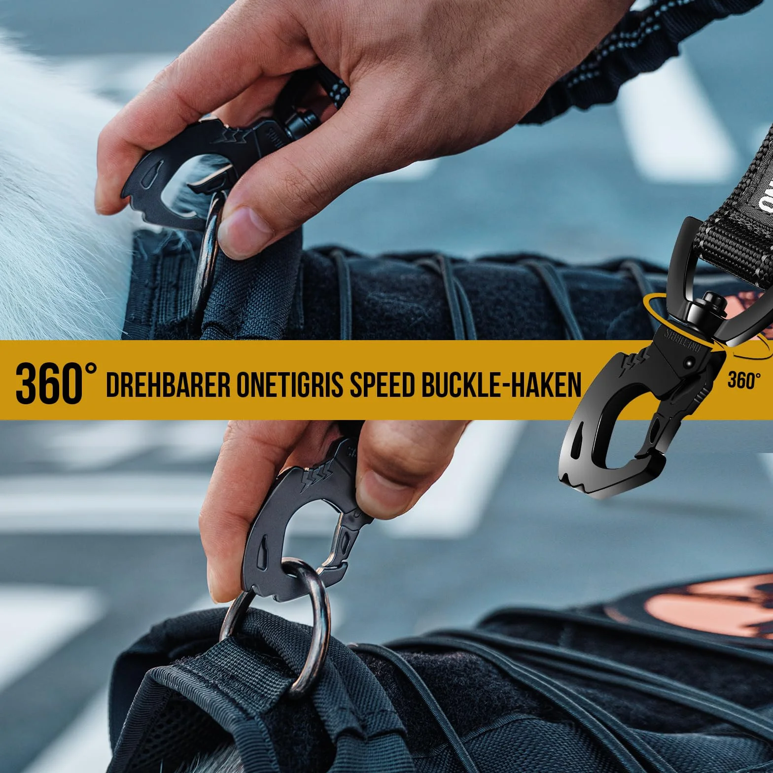OneTigris Ammortizzatore per cani, 51 cm, guinzaglio in nylon con denti di tigre, clip in metallo, estensione in lino, riflettente per passeggiate, ciclismo