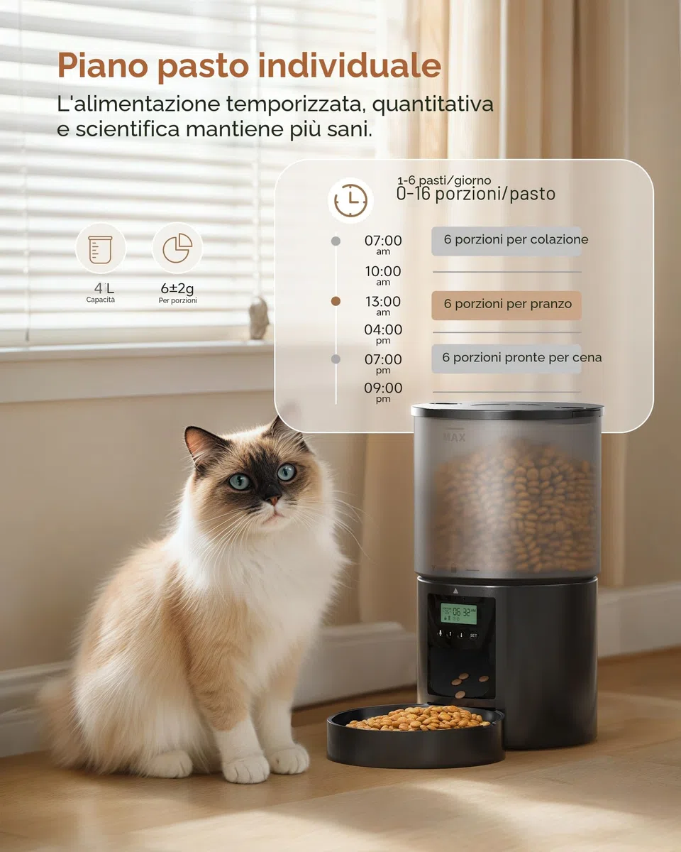 Distributore Automatico Cibo Gatti: Dispenser Crocchette Gatto con 10S Registrazione - Dosatore Crocchette per Cani con Orari di Mangiatoia Personalizzati 1-6 Pasti al Giorno Timer Programmabile