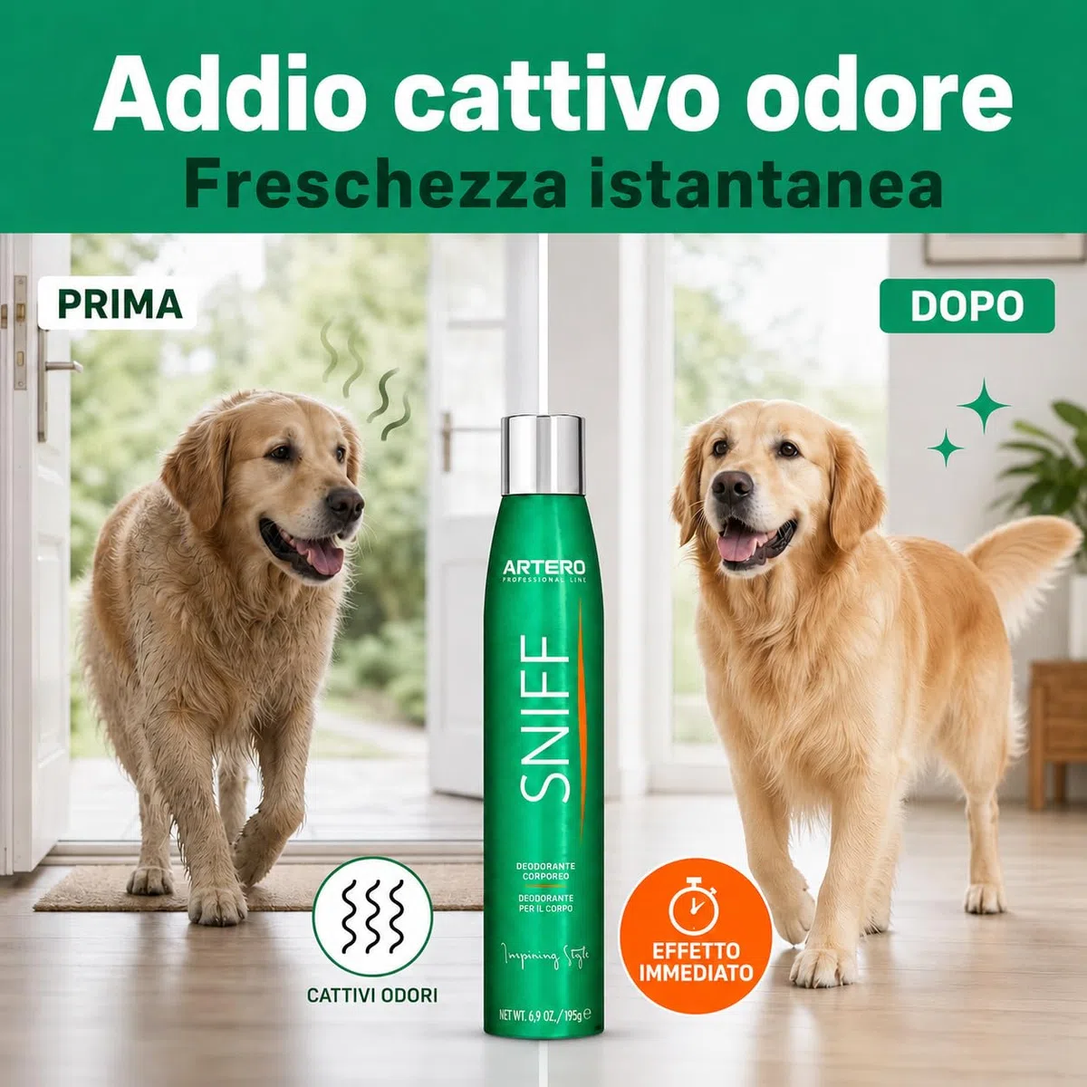 ARTERO Sniff Deodorante per Cani 300ml - Elimina i Cattivi Odori Istantaneamente, Spray Corpo a Lunga Durata, Adatto a Cuccioli e Adulti, Vegano Senza Parabeni